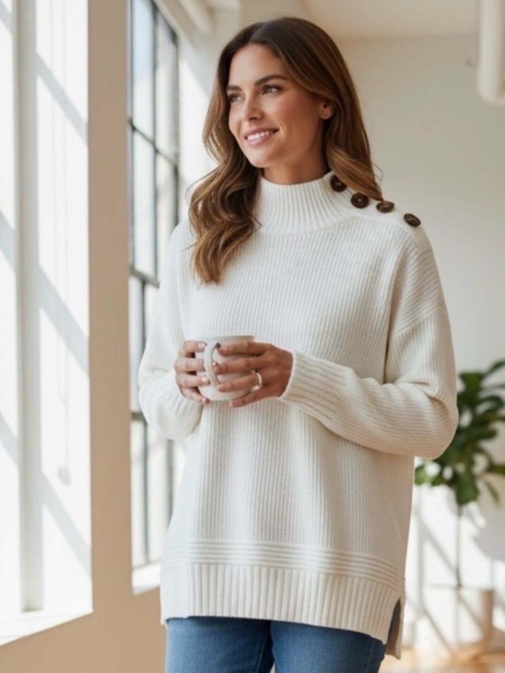 🫶🏻 Duffield Lane Women’s Cream Button-Shoulder Ribbed Sweater